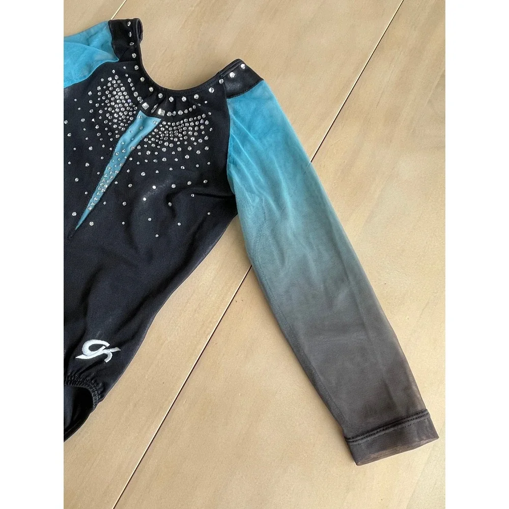 GK Elite Black Blue Rhinestone Gymnastics Leotard Long Sleeve Child Large CL